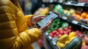 Mulher usando smartphone no supermercado